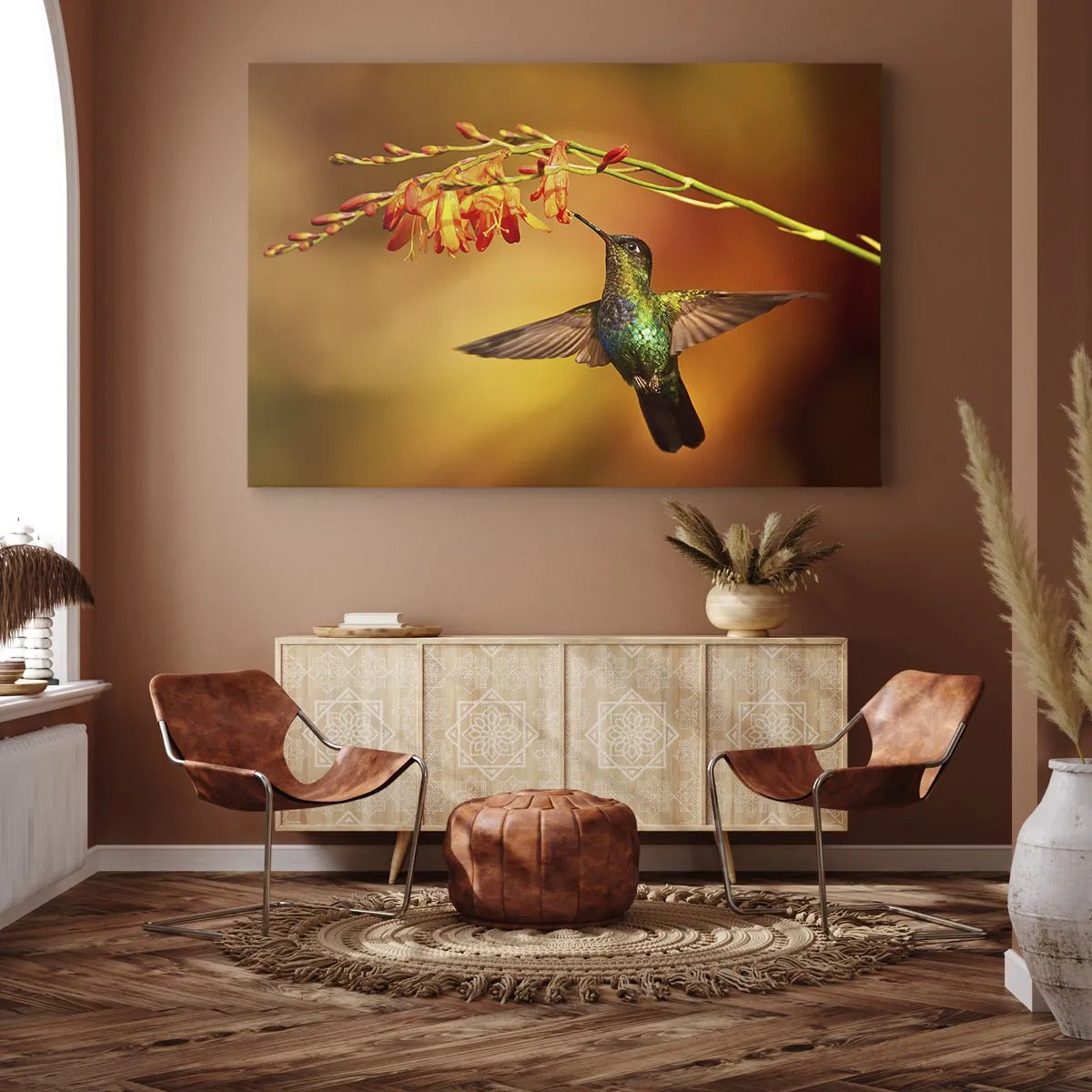 Cuadro sobre lienzo - Impresión de Imagen - Colibrí junto a una flor bajo la cálida luz - 120x80cm - Mensajero de la luz - Decoración de pared moderna para salón y dormitorio ARTTOR