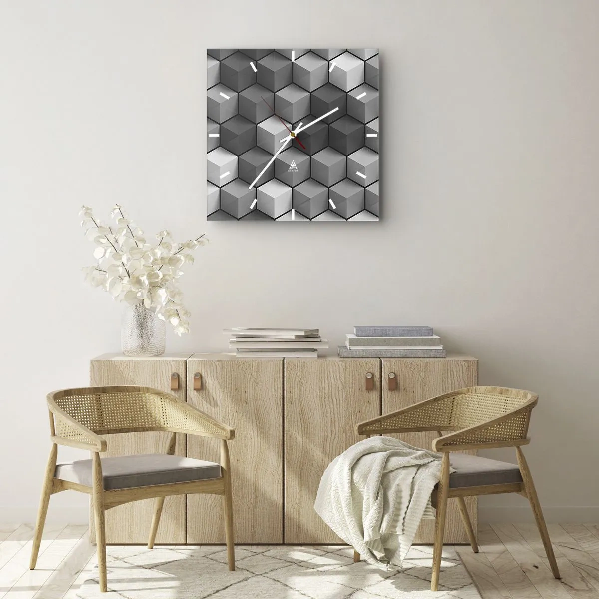 Reloj de pared - Reloj de vidrio - Composición geométrica de cubos en tonos grises y negros. - 30x30cm - Rompecabezas cubista - Decoración de pared moderna para salón y dormitorio ARTTOR