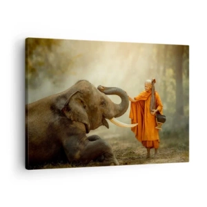 Cuadro sobre lienzo - Impresión de Imagen - Un monje y un elefante en armonía con la naturaleza como telón de fondo. - 70x50cm - Un encuentro en un viaje - Decoración de pared moderna para salón y dormitorio ARTTOR