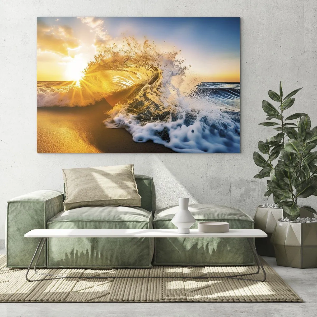 Cuadro sobre vidrio - Impresiones sobre Vidrio - Una ola rompiendo contra la orilla, iluminada por los rayos del sol poniente. - 120x80cm - Jugando en la arena - Decoración de pared moderna para salón y dormitorio ARTTOR