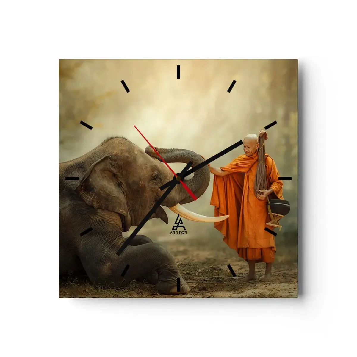 Reloj de pared - Reloj de vidrio - Un monje y un elefante en armonía con la naturaleza como telón de fondo. - 30x30cm - Un encuentro en un viaje - Decoración de pared moderna para salón y dormitorio ARTTOR