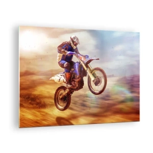 Cuadro sobre vidrio - Impresiones sobre Vidrio - Un motociclista volando sobre terreno arenoso. - 70x50cm - Vértigo sobre dos ruedas - Decoración de pared moderna para salón y dormitorio ARTTOR