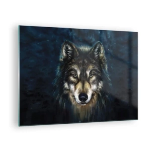 Cuadro sobre vidrio - Impresiones sobre Vidrio - Un lobo sobre un fondo de bosque oscuro en un estilo realista. - 70x50cm - ¿Alfa? Y omega - Decoración de pared moderna para salón y dormitorio ARTTOR
