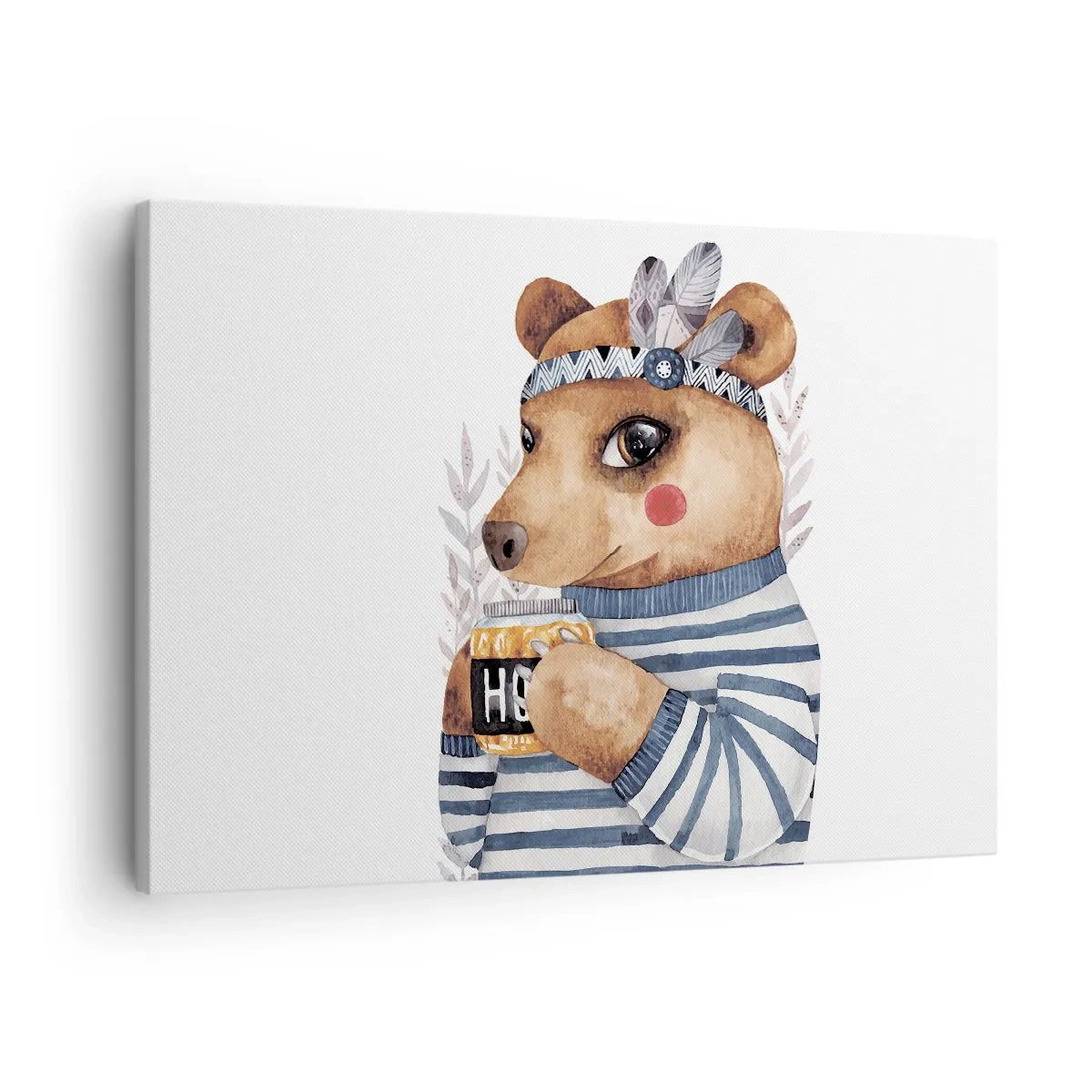 Cuadro sobre lienzo - Impresión de Imagen - Un osito de peluche con un suéter de rayas y una taza de miel. - 70x50cm - Dulce oso - Decoración de pared moderna para salón y dormitorio ARTTOR