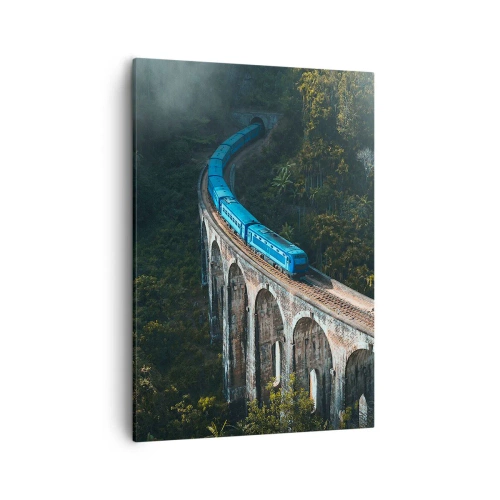 Cuadro sobre lienzo - Impresión de Imagen - Un tren azul en un viaducto histórico entre los bosques. - 50x70cm - Vías sobre la naturaleza - Decoración de pared moderna para salón y dormitorio ARTTOR