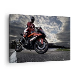 Cuadro sobre lienzo - Impresión de Imagen - Un motociclista en una motocicleta deportiva contra un cielo nublado. - 70x50cm - Motorista oscuro - Decoración de pared moderna para salón y dormitorio ARTTOR