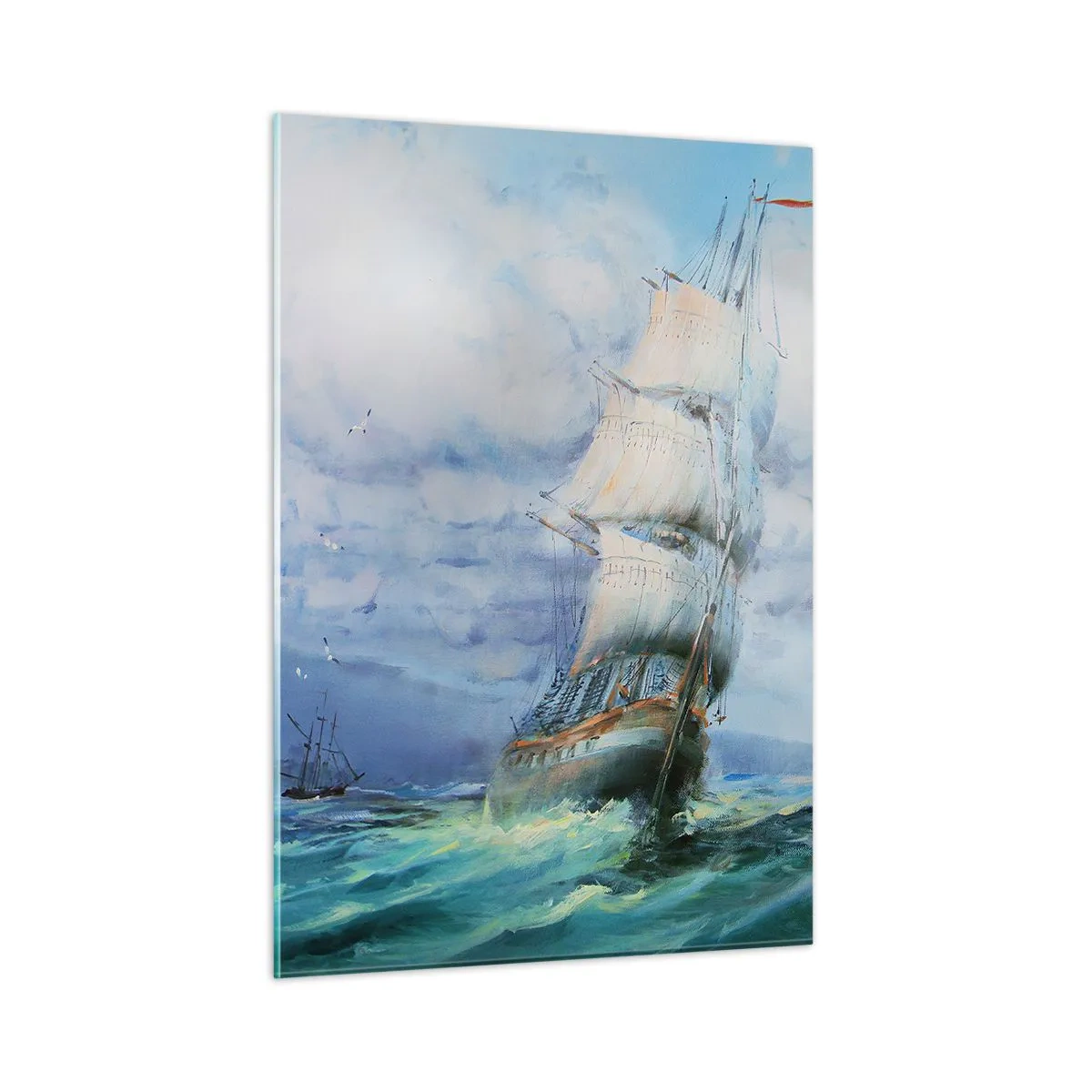 Cuadro sobre vidrio - Impresiones sobre Vidrio - Un barco con velas navegando en un mar tempestuoso bajo un cielo nublado. - 50x70cm - Viento en popa - Decoración de pared moderna para salón y dormitorio ARTTOR