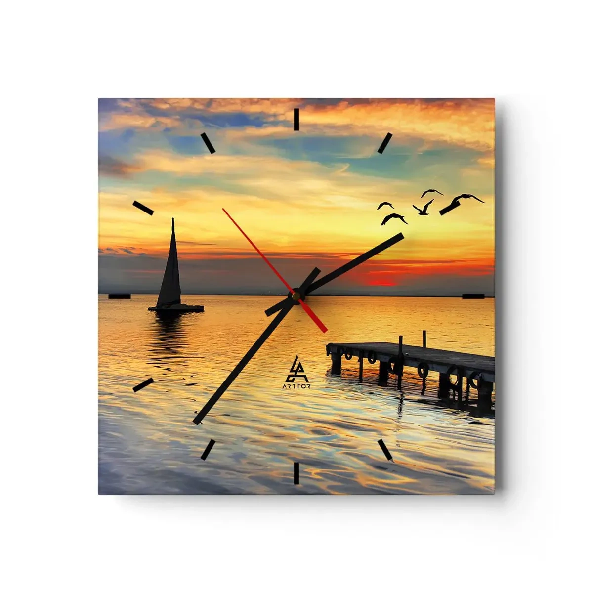Reloj de pared - Reloj de vidrio - Puesta de sol con un velero y un muelle en un lago tranquilo - 30x30cm - Regresos nocturnos - Decoración de pared moderna para salón y dormitorio ARTTOR