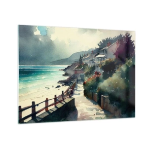 Cuadro sobre vidrio - Impresiones sobre Vidrio - Un paseo marítimo con casas de colores y agua. - 70x50cm - Ciudad mediterránea - Decoración de pared moderna para salón y dormitorio ARTTOR