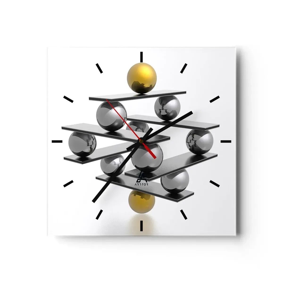 Reloj de pared - Reloj de vidrio - Composición geométrica con bolas de metal y acento dorado. - 30x30cm - Balance de oro y plata - Decoración de pared moderna para salón y dormitorio ARTTOR