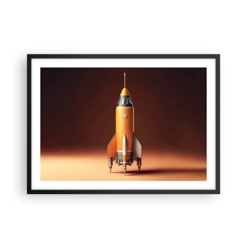 Póster en marco negro - Un cohete de estilo retro sobre un fondo de tonos marrones. - 70x50cm - Comienza con un sueño - Decoración de pared moderna para salón y dormitorio ARTTOR