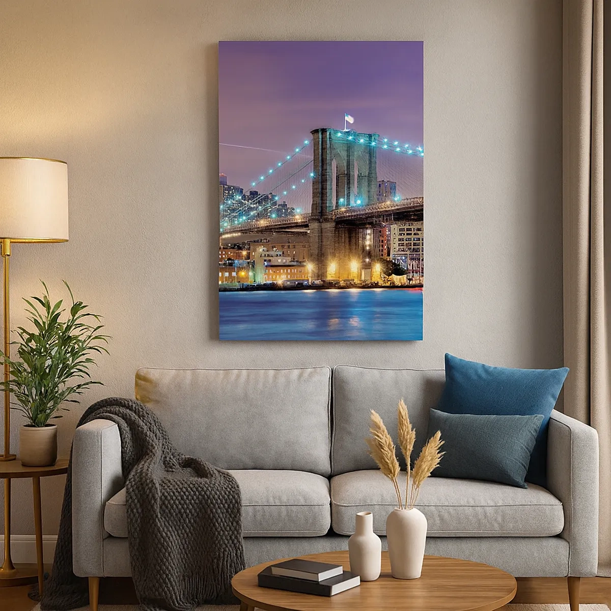 Cuadro sobre lienzo - Impresión de Imagen - Puente de Brooklyn de noche con la ciudad iluminada al fondo - 50x70cm - Durante muchos años, el puente de Brooklyn - Decoración de pared moderna para salón y dormitorio ARTTOR