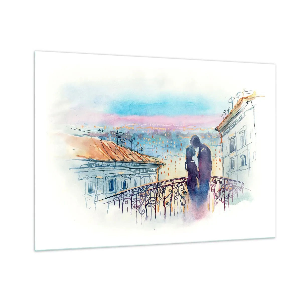 Cuadro sobre vidrio - Impresiones sobre Vidrio - Pareja en el balcón disfrutando de una romántica puesta de sol - 100x70cm - Los amantes de París - Decoración de pared moderna para salón y dormitorio ARTTOR