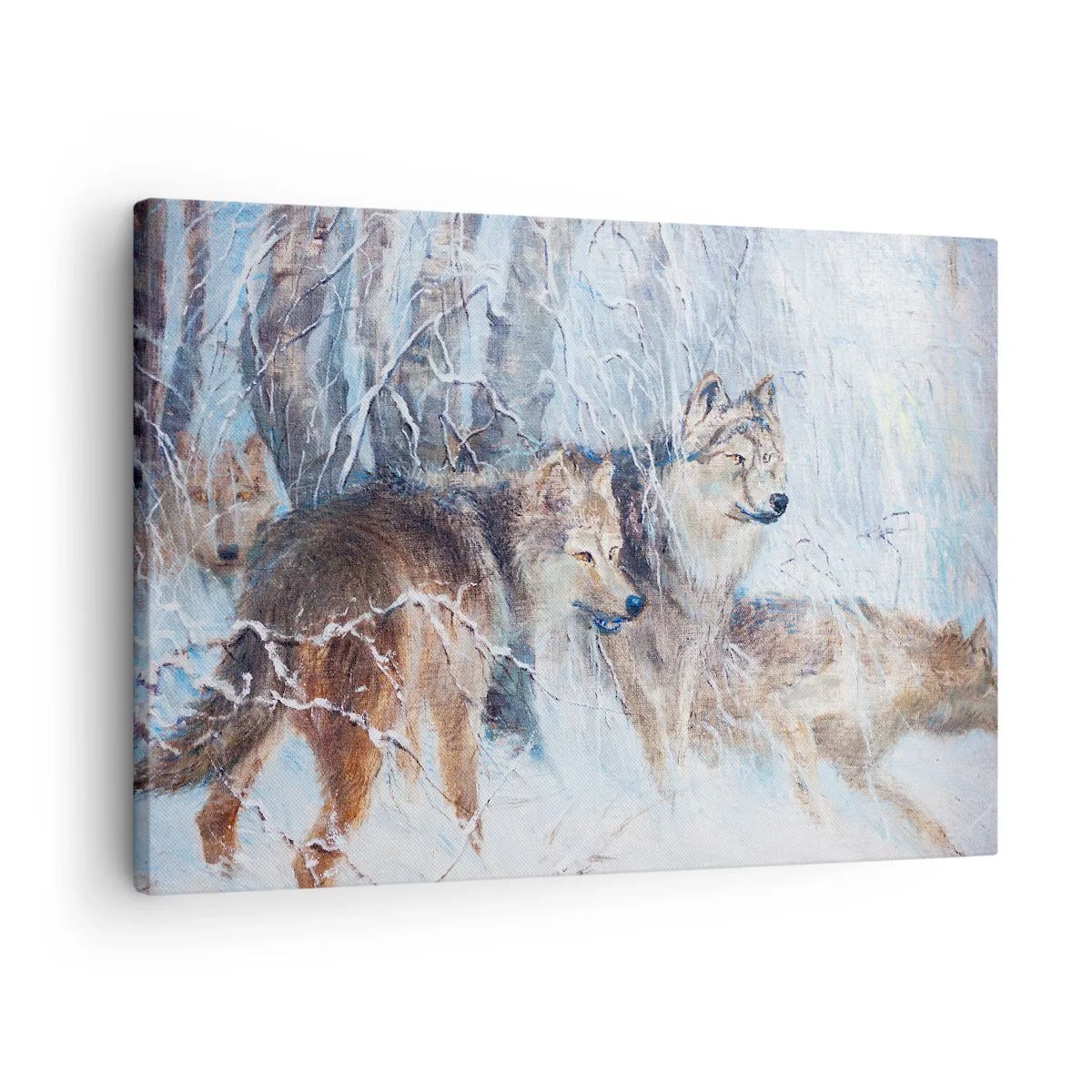 Cuadro sobre lienzo - Impresión de Imagen - Lobos en un bosque invernal con un fondo nevado - 70x50cm - ¡Cuidado! Aquí viene... - Decoración de pared moderna para salón y dormitorio ARTTOR