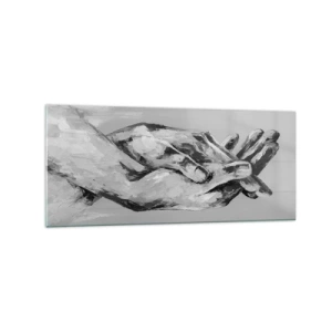 Cuadro sobre vidrio - Impresiones sobre Vidrio - Una composición en blanco y negro de dos manos entrelazadas sobre un fondo claro. - 120x50cm - El comienzo... - Decoración de pared moderna para salón y dormitorio ARTTOR