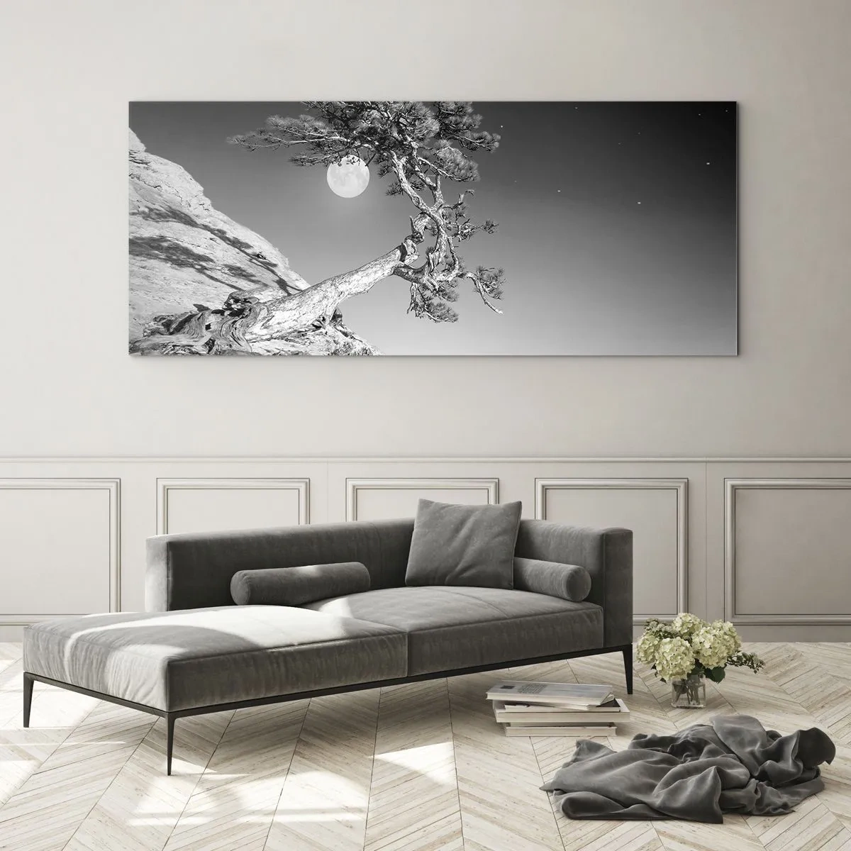 Cuadro sobre vidrio - Impresiones sobre Vidrio - Árbol en blanco y negro en un acantilado con la luna al fondo - 120x50cm - Un guerrero victorioso - Decoración de pared moderna para salón y dormitorio ARTTOR