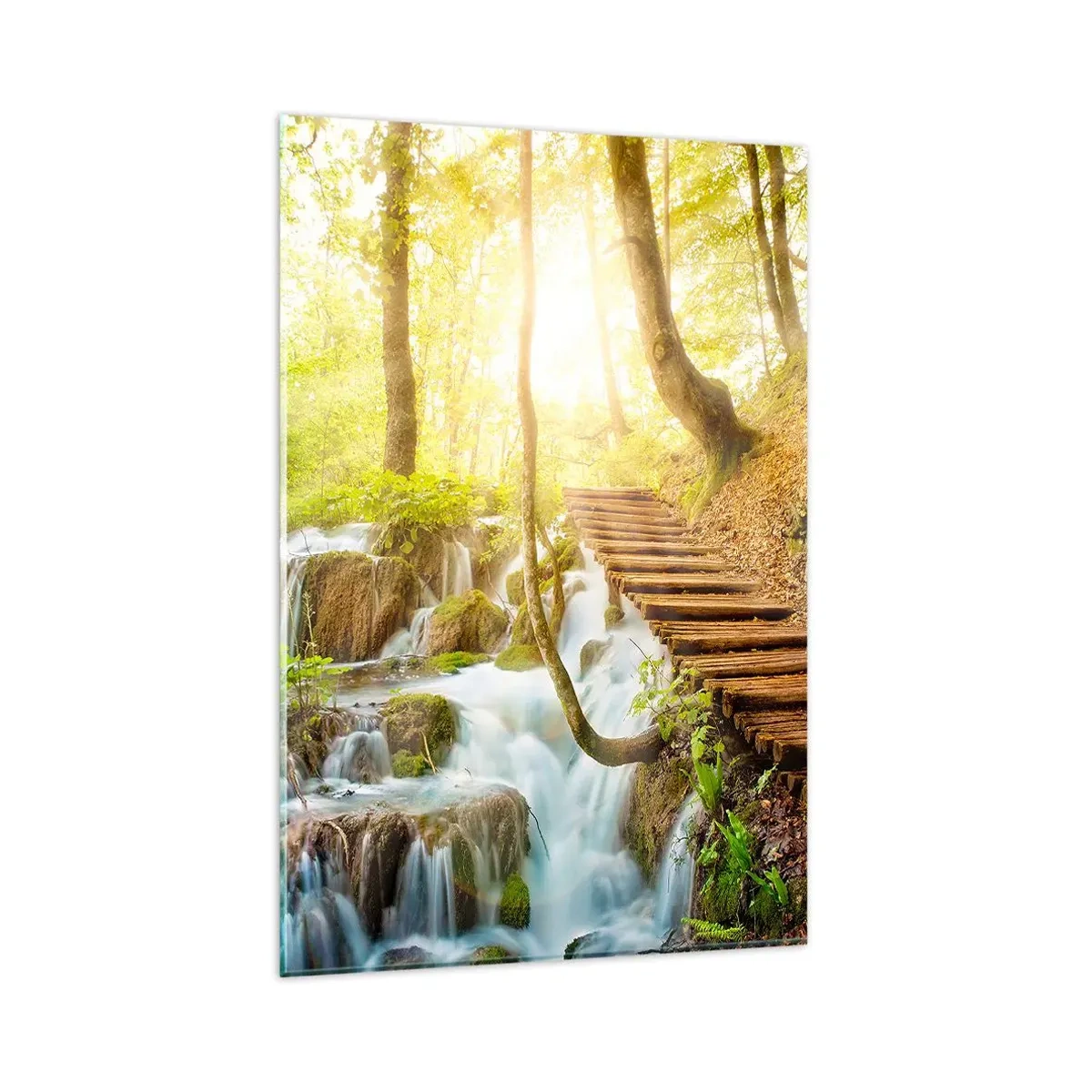 Cuadro sobre vidrio - Impresiones sobre Vidrio - Camino forestal con escaleras de madera junto a la cascada. - 80x120cm - El ansiado frescor - Decoración de pared moderna para salón y dormitorio ARTTOR