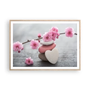 Póster en marco roble claro - Felicidad con la flor del cerezo - 100x70 cm