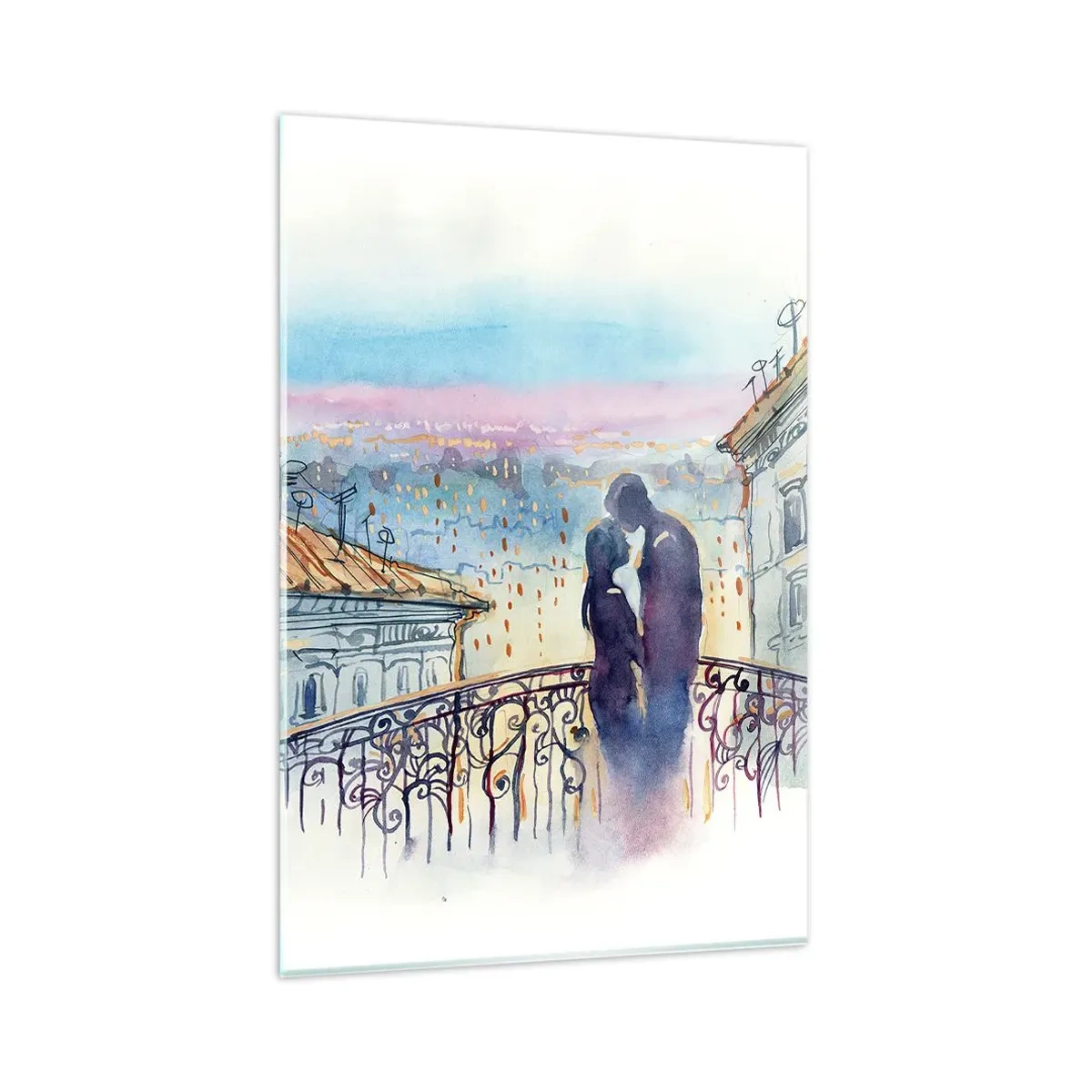 Cuadro sobre vidrio - Impresiones sobre Vidrio - Pareja romántica en un balcón con vistas a la ciudad. - 80x120cm - Los amantes de París - Decoración de pared moderna para salón y dormitorio ARTTOR