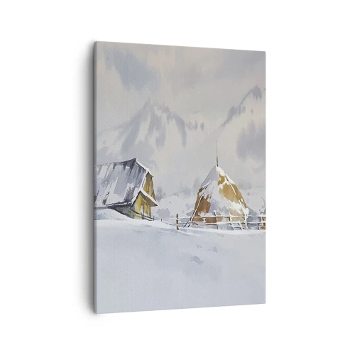 Cuadro sobre lienzo - Impresión de Imagen - Paisaje invernal con una cabaña y pajares en las montañas - 50x70cm - En un valle nevado - Decoración de pared moderna para salón y dormitorio ARTTOR