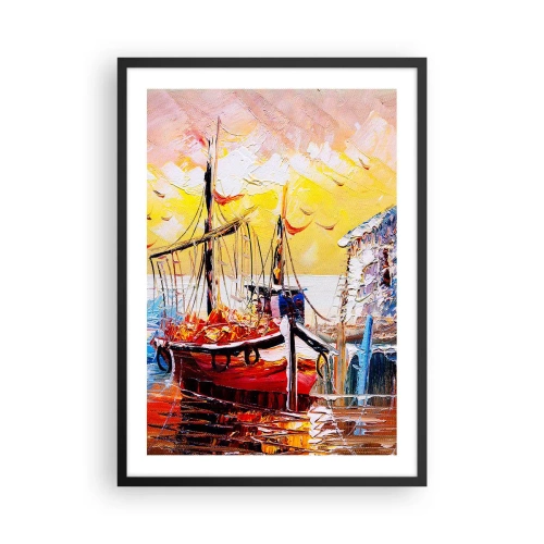 Póster en marco negro - Un pintoresco barco con el sol poniente como telón de fondo. - 50x70cm - Feliz regreso - Decoración de pared moderna para salón y dormitorio ARTTOR