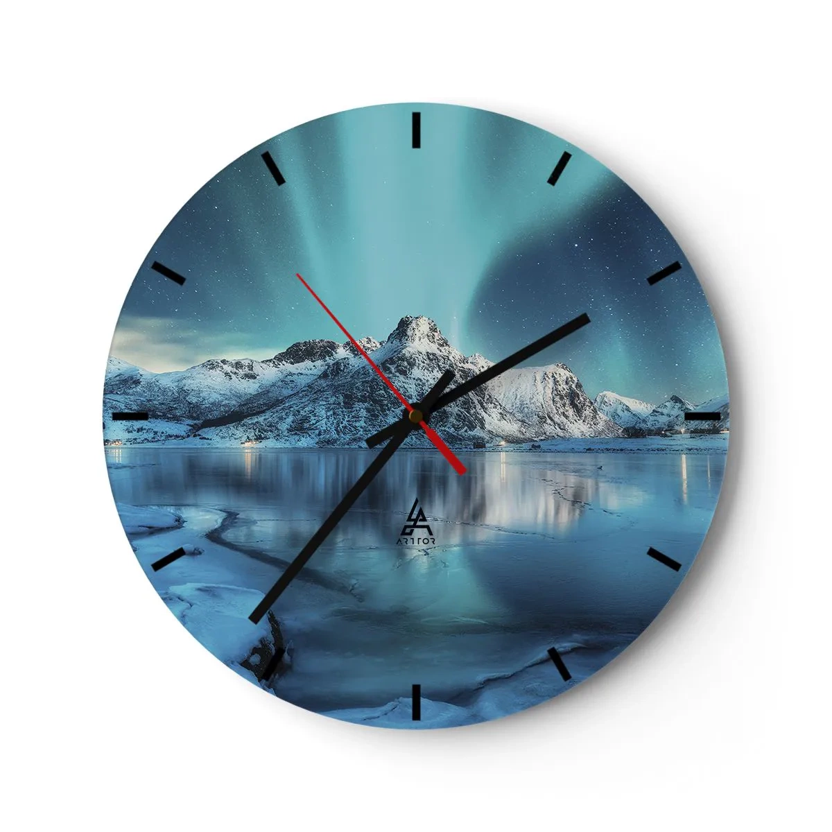 Reloj de pared - Reloj de vidrio - Aurora boreal sobre montañas nevadas y un lago congelado - 30x30cm - Una noche de luz - Decoración de pared moderna para salón, cocina y dormitorio ARTTOR
