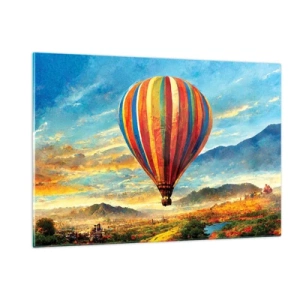 Cuadro sobre vidrio - Impresiones sobre Vidrio - Un globo colorido flotando sobre un paisaje montañoso. - 120x80cm - En silencio se ve el horizonte - Decoración de pared moderna para salón y dormitorio ARTTOR