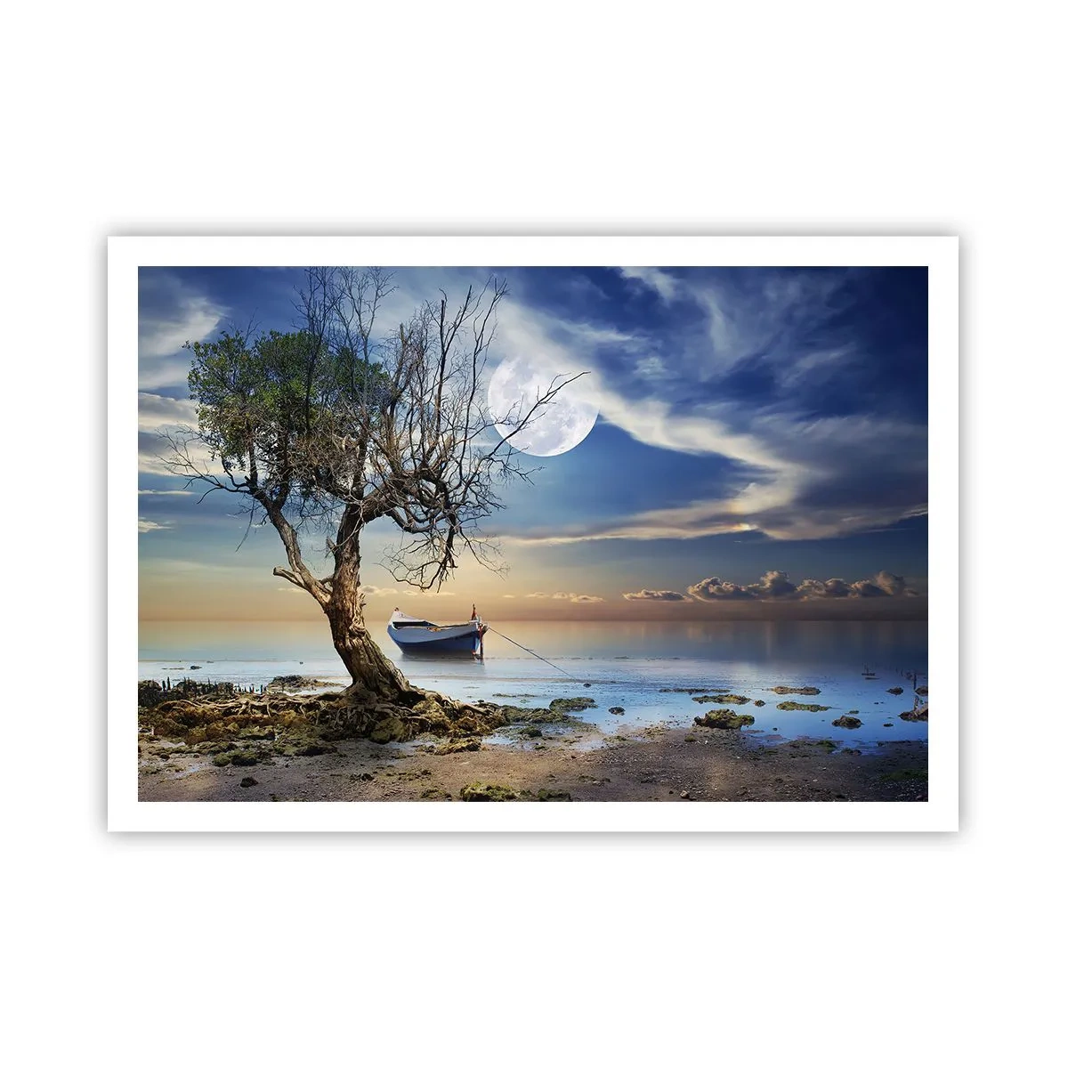 Póster - Un árbol solitario y un barco en aguas tranquilas bajo la luna llena. - 100x70cm - ¿Es el final o el principio? - Decoración de pared moderna para salón y dormitorio ARTTOR