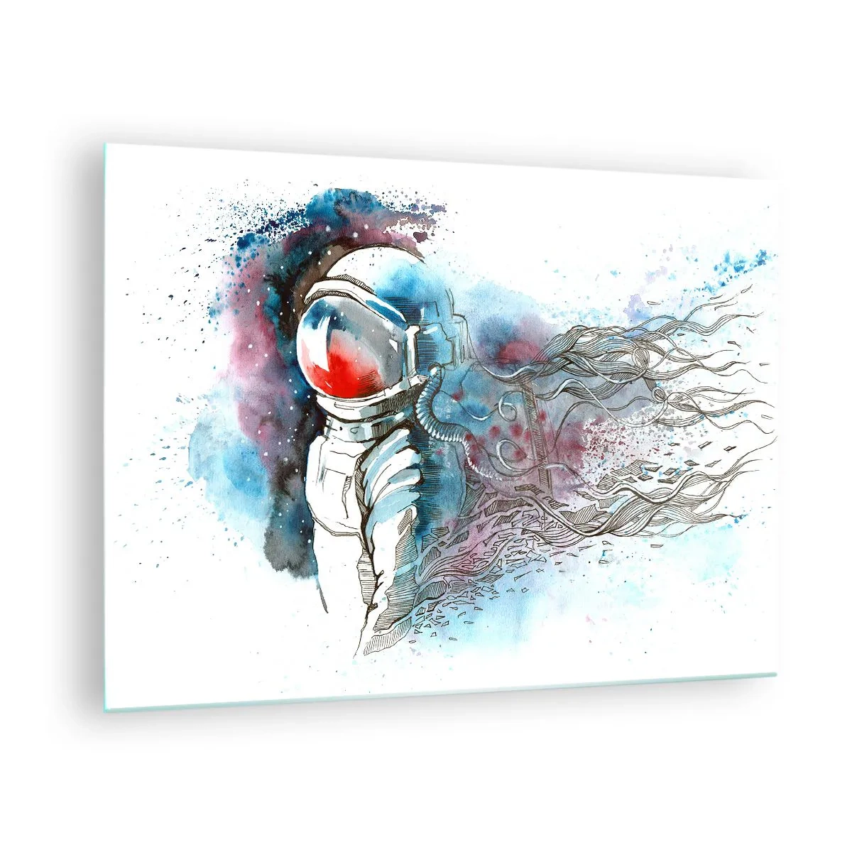 Cuadro sobre vidrio - Impresiones sobre Vidrio - Astronauta en un dinámico entorno espacial de acuarela - 70x50cm - A solas con el cosmos - Decoración de pared moderna para salón y dormitorio ARTTOR