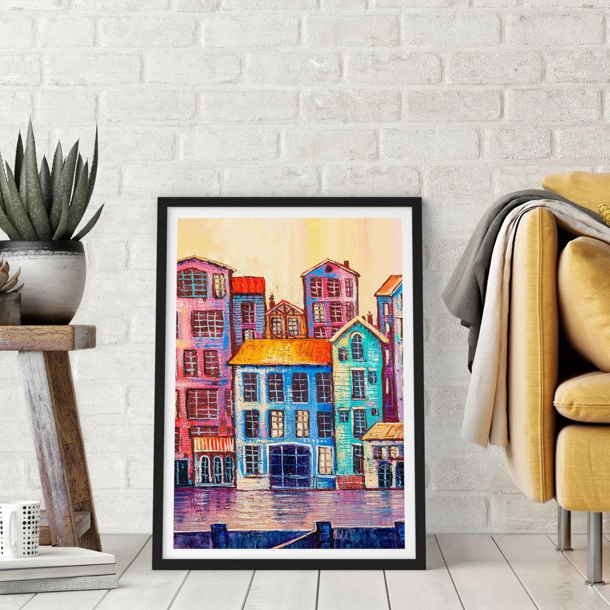 Póster en marco negro - Casas de vecindad coloridas junto al agua en un estilo pictórico - 50x70cm - Una ciudad como un cuento de hadas - Decoración de pared moderna para salón y dormitorio ARTTOR