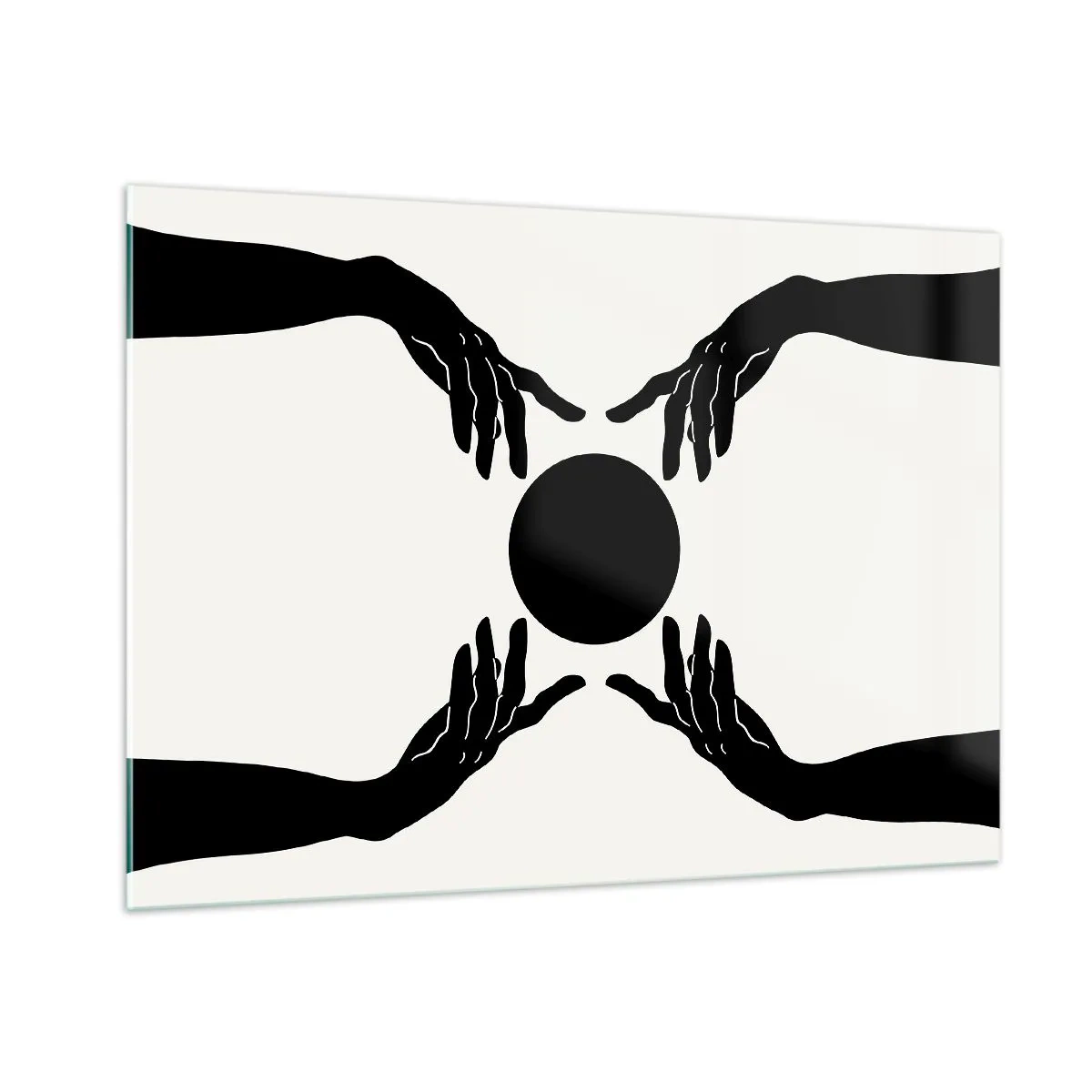 Cuadro sobre vidrio - Impresiones sobre Vidrio - Manos negras alrededor de un círculo negro sobre un fondo claro - 100x70cm - Una señal secreta - Decoración de pared moderna para salón y dormitorio ARTTOR