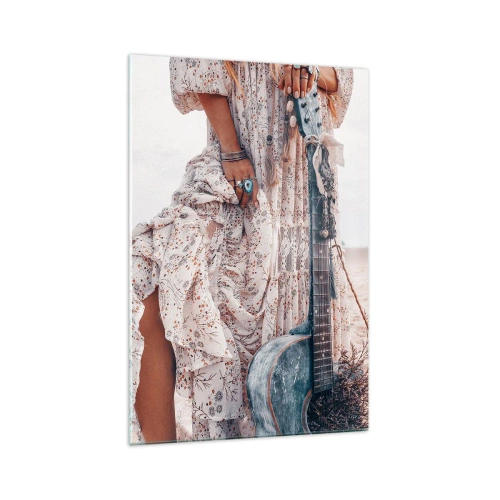 Cuadro sobre vidrio - Impresiones sobre Vidrio - Mujer de estilo boho con guitarra en la playa - 70x100cm - Una flor en el camino - Decoración de pared moderna para salón y dormitorio ARTTOR
