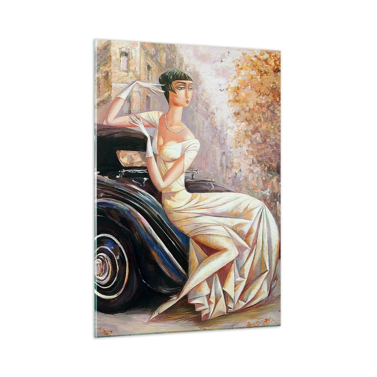 Cuadro sobre vidrio - Impresiones sobre Vidrio - Mujer elegante junto a un coche retro en un entorno urbano - 50x70cm - Elegancia retro - Decoración de pared moderna para salón y dormitorio ARTTOR