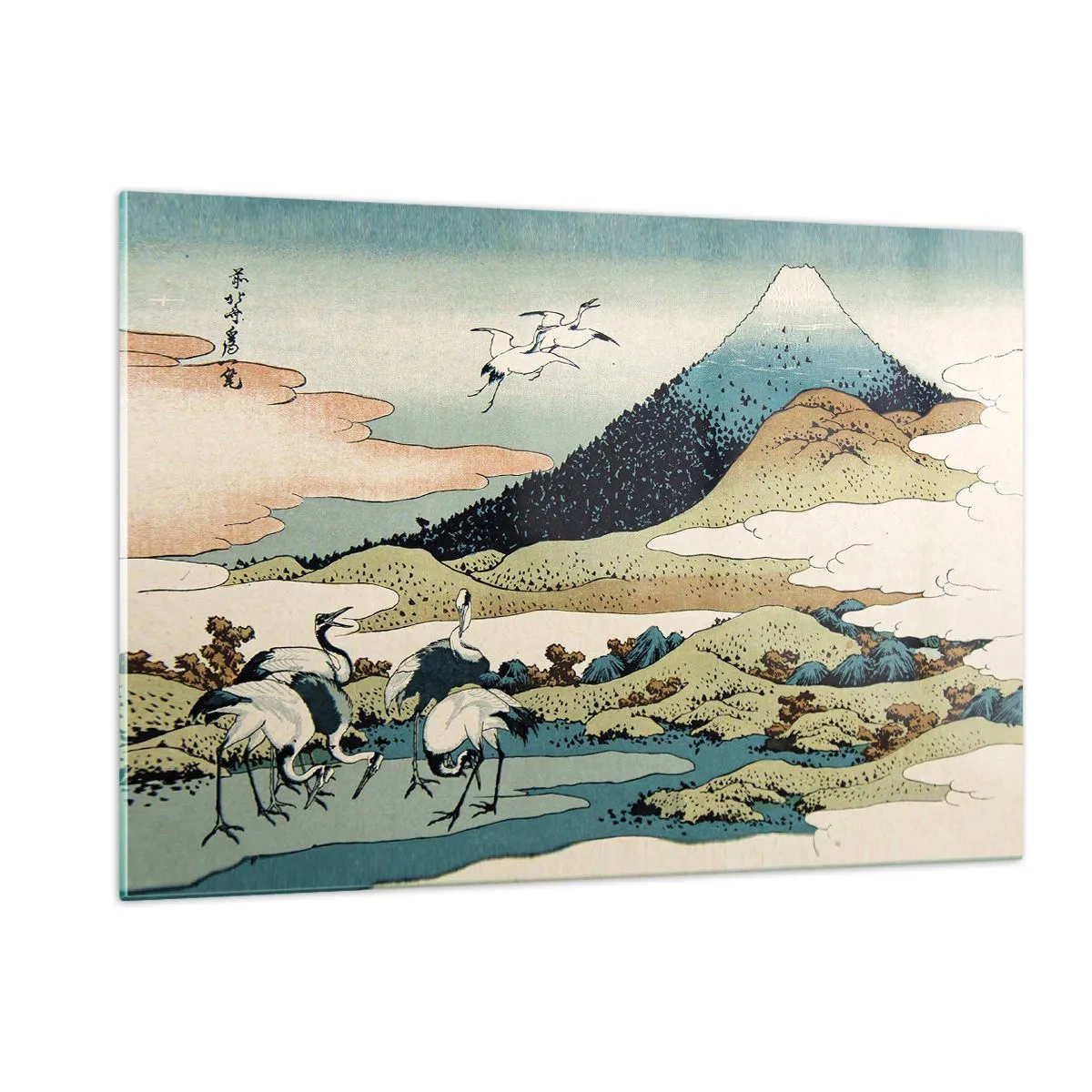 Cuadro sobre vidrio - Impresiones sobre Vidrio - Una pintura de pájaros en un paisaje japonés con vistas al monte Fuji. - 120x80cm - Alma japonesa - Decoración de pared moderna para salón y dormitorio ARTTOR