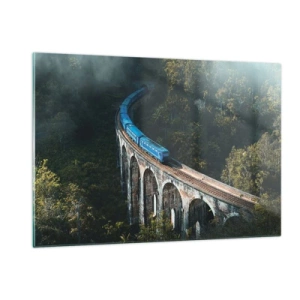 Cuadro sobre vidrio - Impresiones sobre Vidrio - Un tren azul que viaja por un viaducto de piedra en el bosque. - 120x80cm - Vías sobre la naturaleza - Decoración de pared moderna para salón y dormitorio ARTTOR