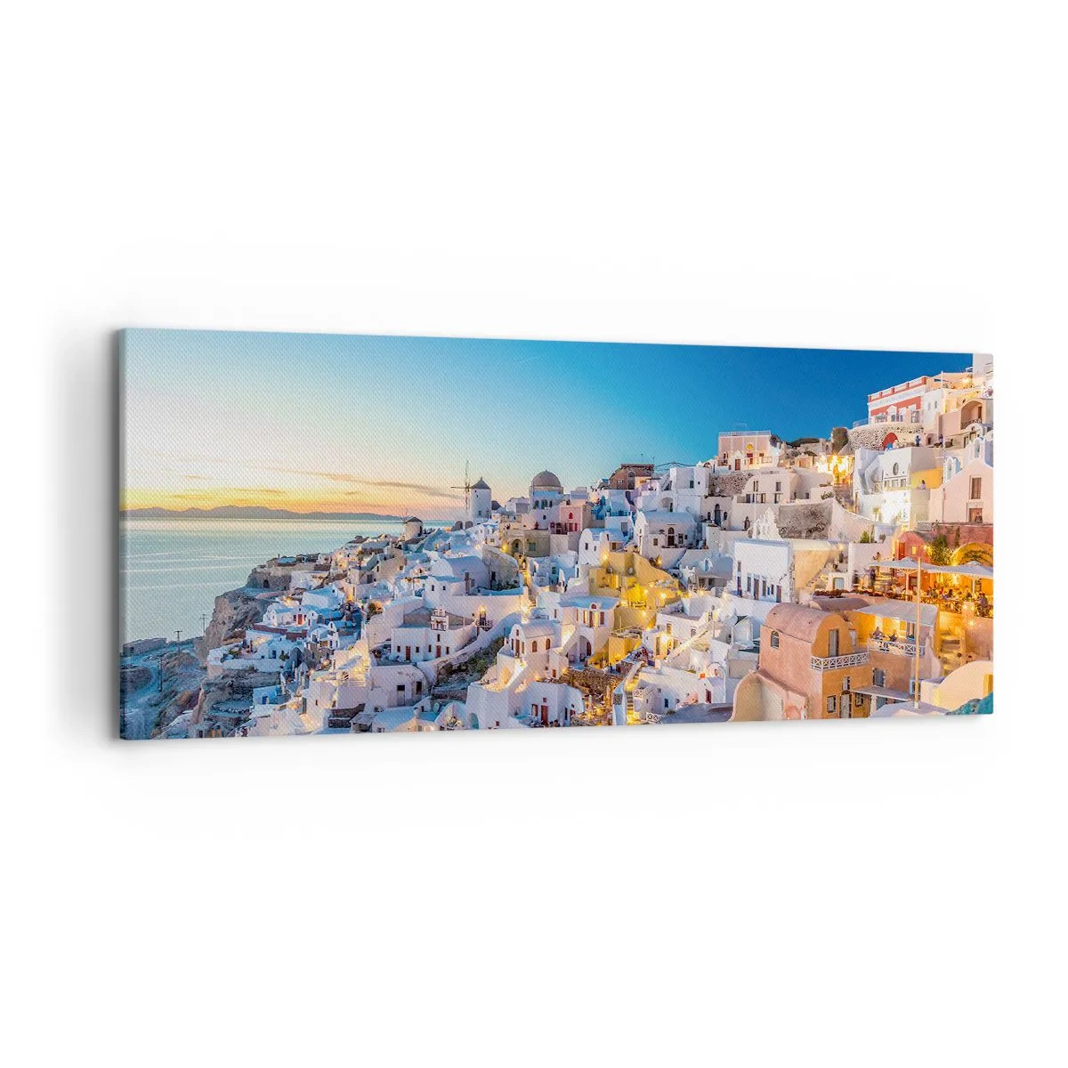 Cuadro sobre lienzo - Impresión de Imagen - Vista de una ciudad griega al atardecer - 120x50cm - La esencia de lo griego - Decoración de pared moderna para salón y dormitorio ARTTOR