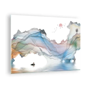 Cuadro sobre vidrio - Impresiones sobre Vidrio - Montañas coloridas con un barco en el agua en estilo acuarela. - 70x50cm - Hacia las montañas de cristal - Decoración de pared moderna para salón y dormitorio ARTTOR