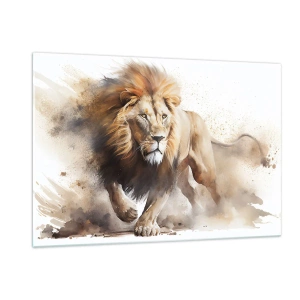 Cuadro sobre vidrio - Impresiones sobre Vidrio - Una toma dinámica en estilo acuarela de un león corriendo. - 120x80cm - El rey ha partido - Decoración de pared moderna para salón y dormitorio ARTTOR