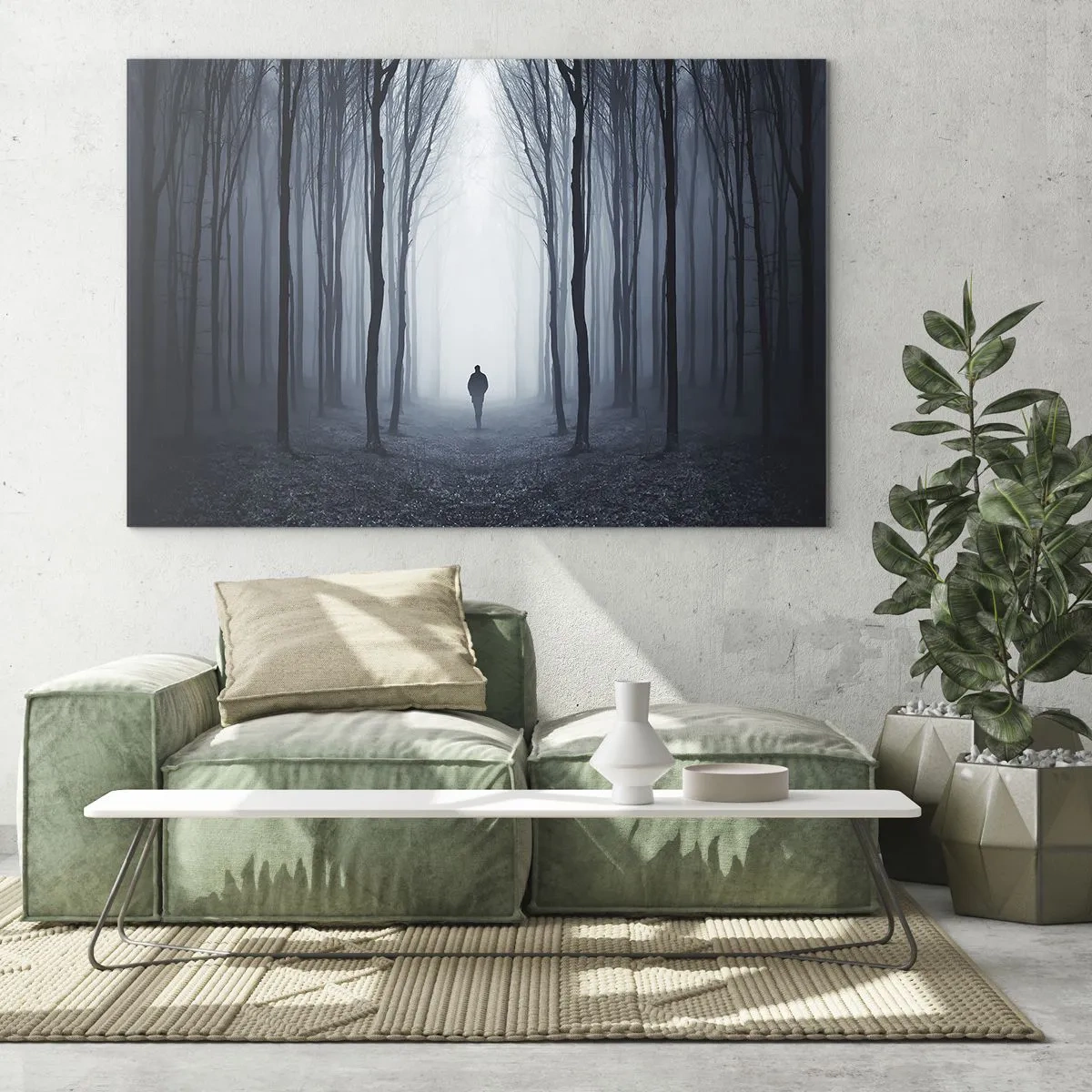 Cuadro sobre vidrio - Impresiones sobre Vidrio - Una figura en un bosque oscuro con niebla al fondo. - 70x50cm - Alto y claro - Decoración de pared moderna para salón y dormitorio ARTTOR