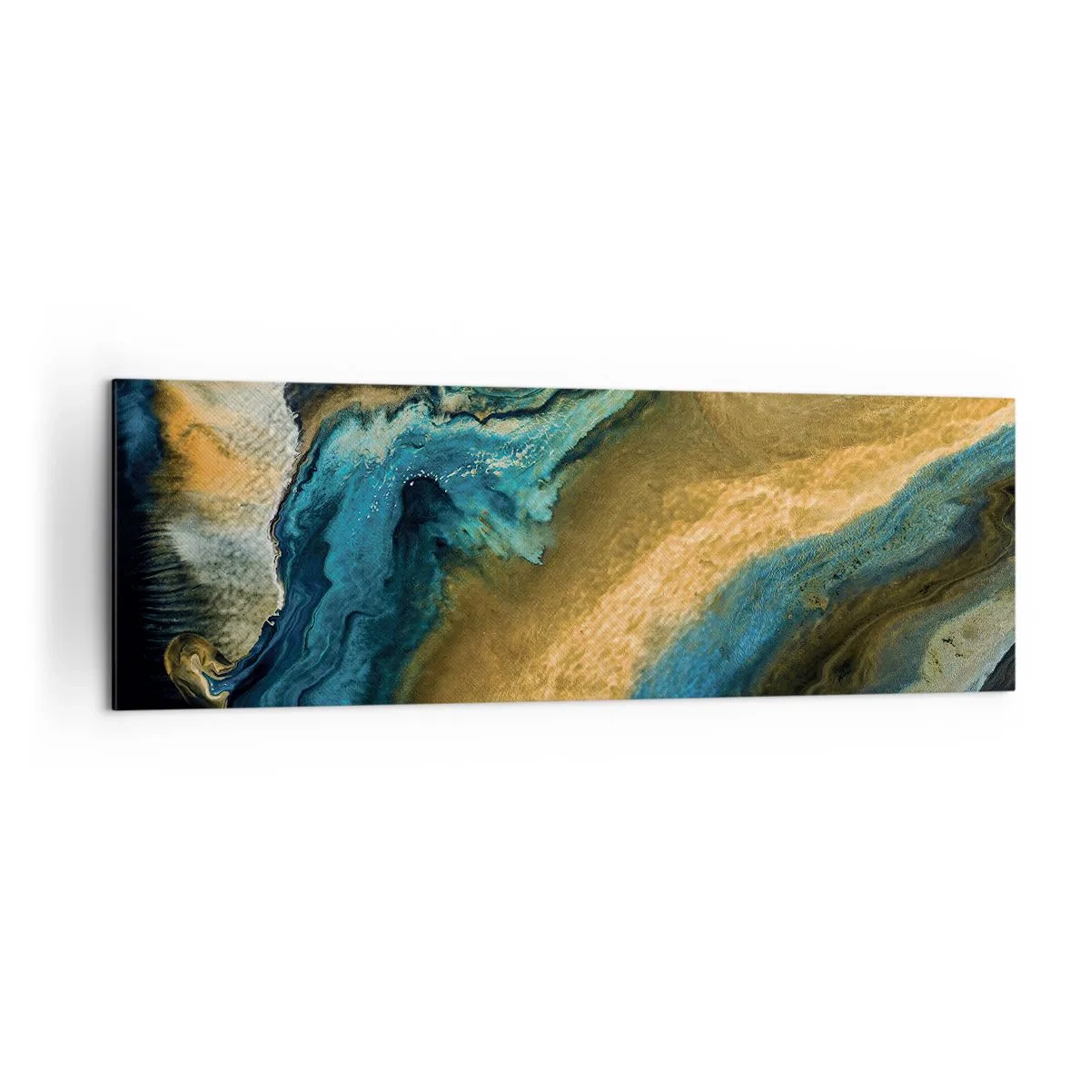 Cuadro sobre lienzo - Impresión de Imagen - Ondas abstractas en tonos dorados y azules. - 160x50cm - Azul - amarillo - influencia mutua - Decoración de pared moderna para salón y dormitorio ARTTOR