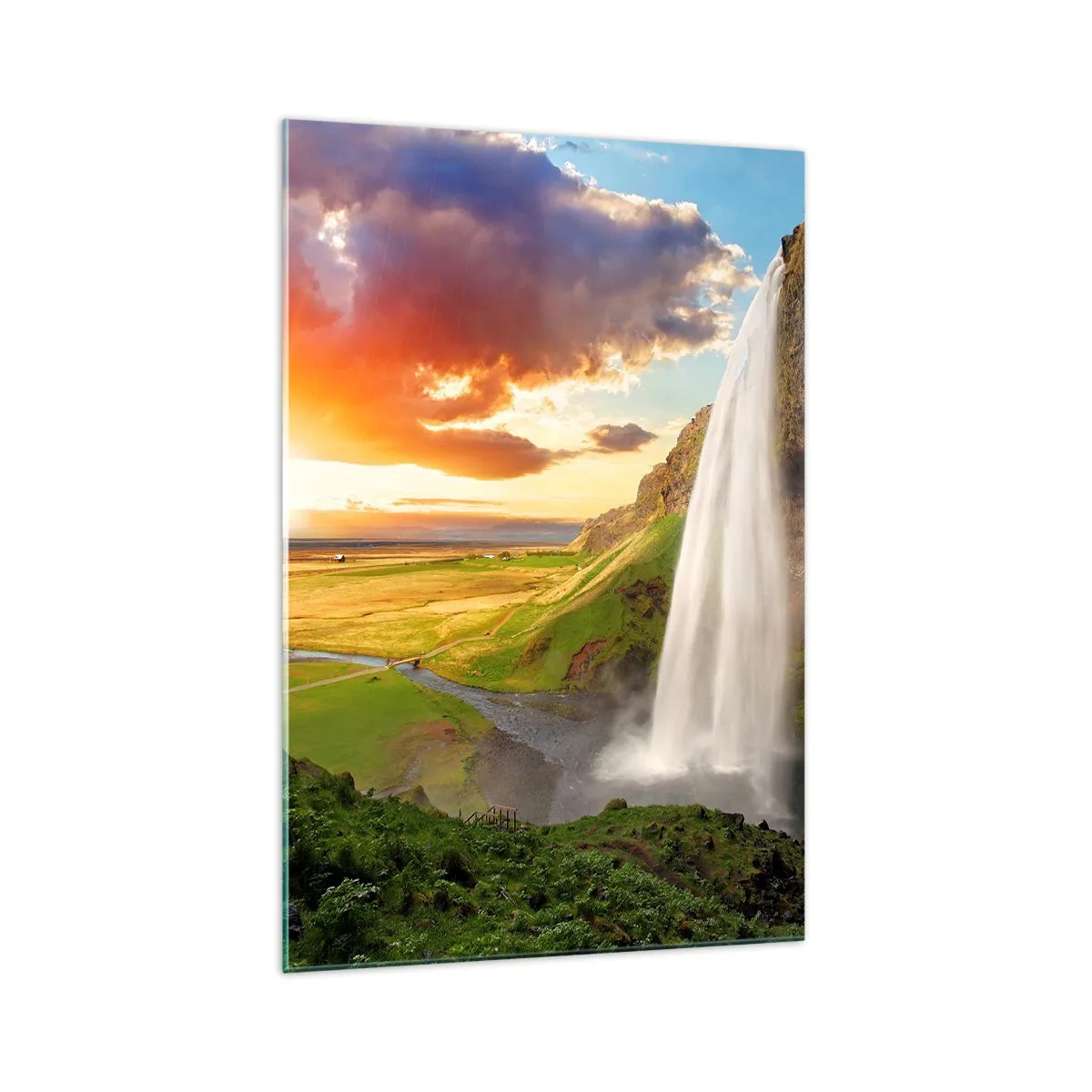 Cuadro sobre vidrio - Impresiones sobre Vidrio - Una cascada en un paisaje pintoresco al atardecer. - 70x100cm - La plenitud del verano islandés - Decoración de pared moderna para salón y dormitorio ARTTOR