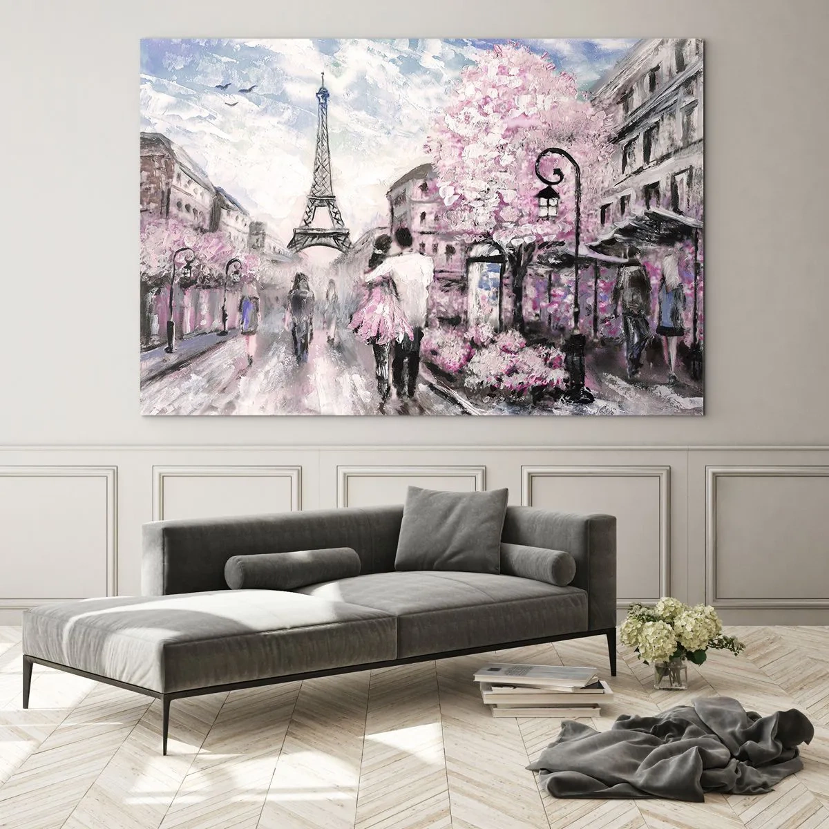Cuadro sobre vidrio - Impresiones sobre Vidrio - Pareja romántica en París con la Torre Eiffel al fondo - 100x70cm - La ciudad del amor - Decoración de pared moderna para salón y dormitorio ARTTOR