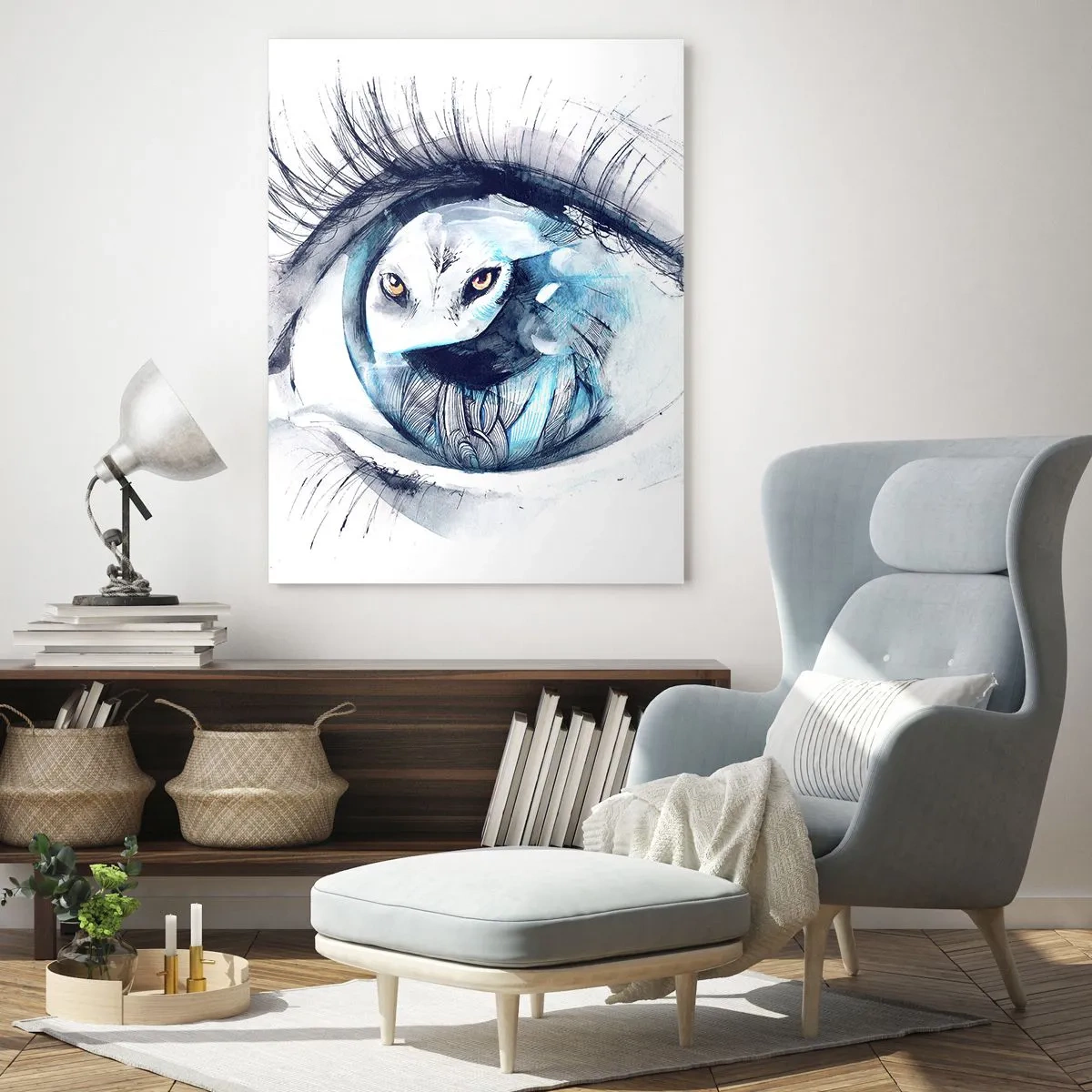 Cuadro sobre vidrio - Impresiones sobre Vidrio - Un ojo con la imagen de un búho en tonos de acuarela azul. - 80x120cm - Ojo con la naturaleza - Decoración de pared moderna para salón y dormitorio ARTTOR