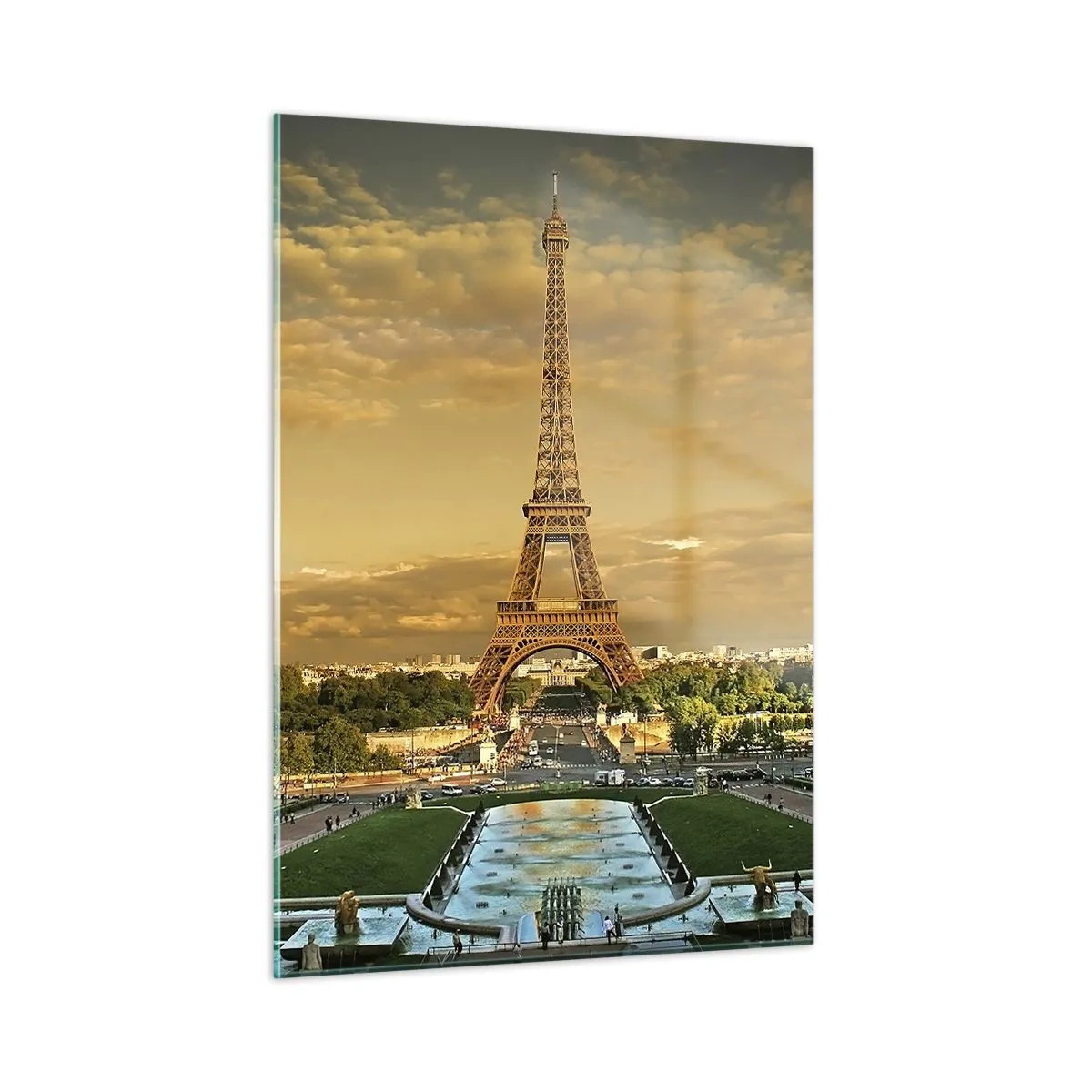 Cuadro sobre vidrio - Impresiones sobre Vidrio - La Torre Eiffel rodeada de jardines parisinos al atardecer - 50x70cm - Reina de París - Decoración de pared moderna para salón y dormitorio ARTTOR