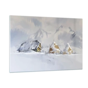 Cuadro sobre vidrio - Impresiones sobre Vidrio - Paisaje invernal con una cabaña y pajares en las montañas - 120x80cm - En un valle nevado - Decoración de pared moderna para salón y dormitorio ARTTOR