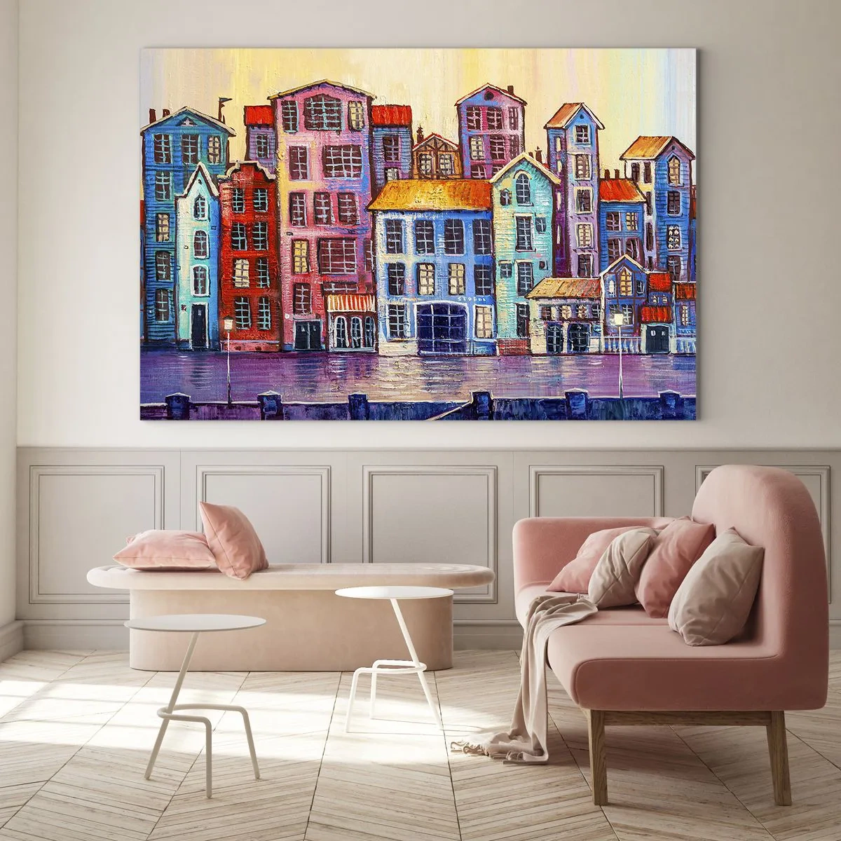 Cuadro sobre vidrio - Impresiones sobre Vidrio - Casas de vecindad coloridas reflejadas en el agua - 70x50cm - Una ciudad como un cuento de hadas - Decoración de pared moderna para salón y dormitorio ARTTOR