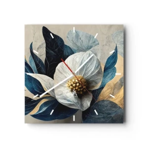 Reloj de pared - Reloj de vidrio - Una flor con hojas azules sobre un fondo elegante. - 30x30cm - Con un corazón de oro - Decoración de pared moderna para salón y dormitorio ARTTOR