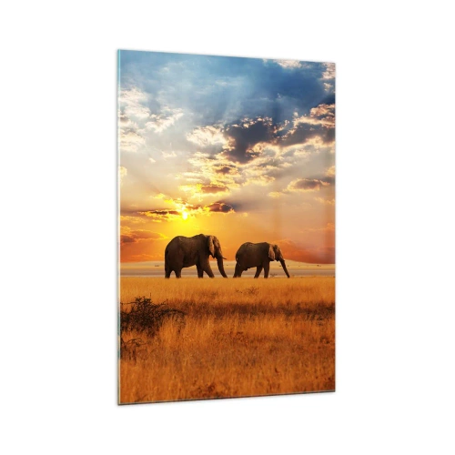 Cuadro sobre vidrio - Impresiones sobre Vidrio - Elefantes en la sabana al atardecer - 70x100cm - Un paseo en familia - Decoración de pared moderna para salón y dormitorio ARTTOR