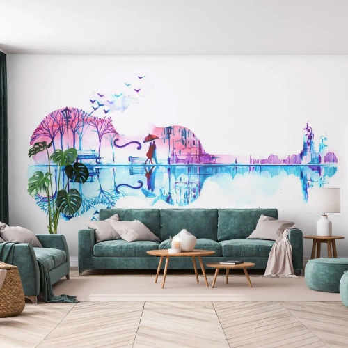 Fotomural Standard Eco - Escena urbana en acuarela en forma de violín. - 100x70cm - Te traeré cánticos de lluvia - Decoración de pared moderna para salón y dormitorio ARTTOR