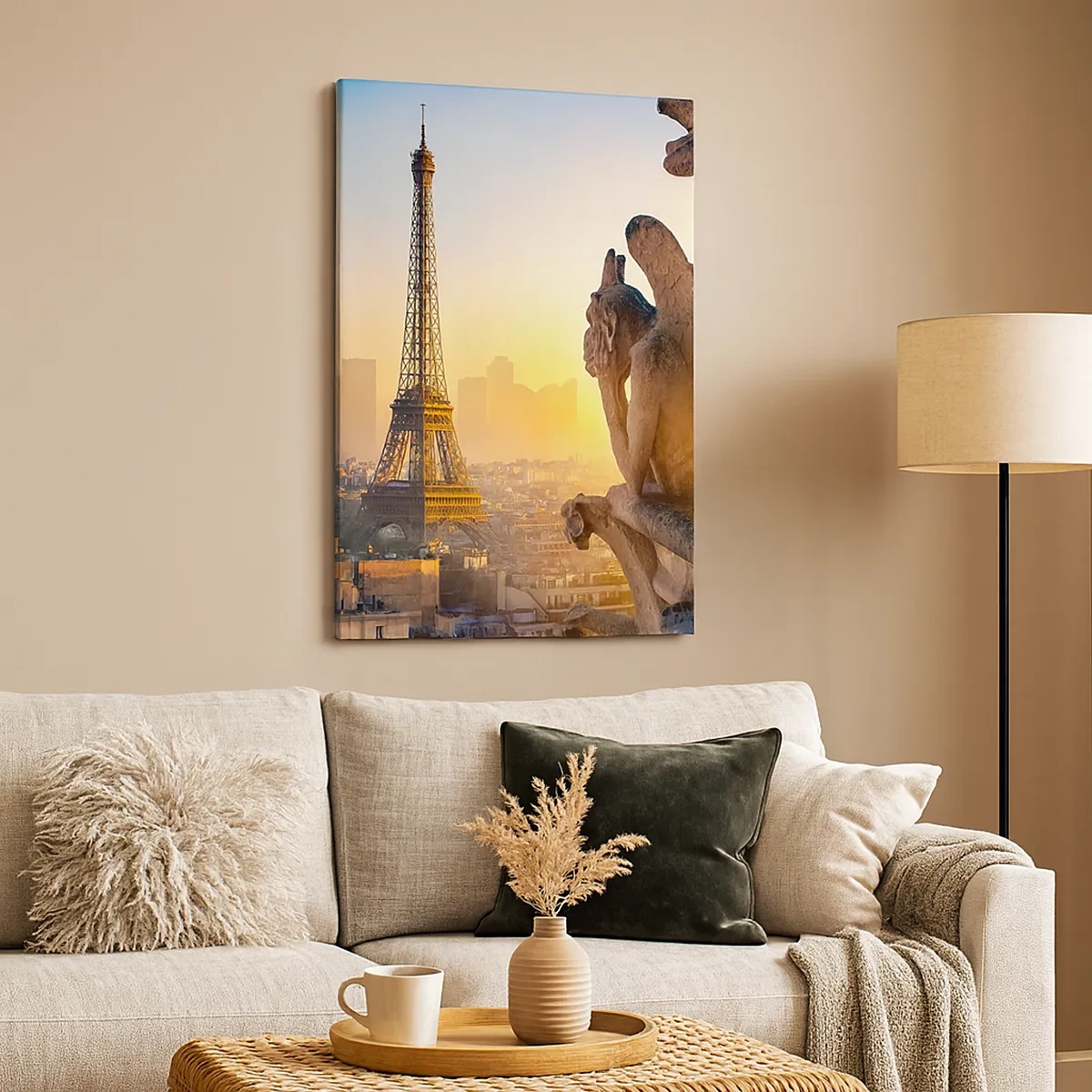 Cuadro sobre lienzo - Impresión de Imagen - Vista de la Torre Eiffel con gárgolas al fondo - 50x70cm - Ha cambiado tanto la ciudad... - Decoración de pared moderna para salón y dormitorio ARTTOR